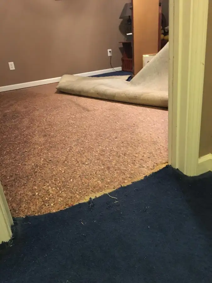 Carpet pad removal revealing water damage during Water Mitigation Services in Mira Monte
